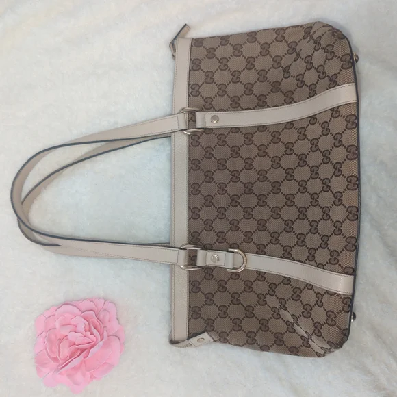 Gucci Authentic Monogram Tote GG Abbey Cream Leather Canvas Medium Bag EUC Chic - Picture 10 of 14